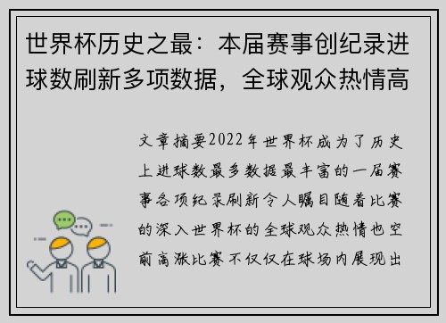 世界杯历史之最:本届赛事创纪录进球数刷新多项数据,全球观众热情高涨 世界杯历史之最:本届赛事创纪录进球数刷新多项数据,全球观众热情高涨