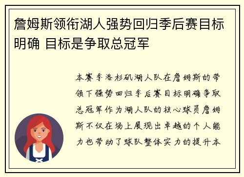 詹姆斯领衔湖人强势回归季后赛目标明确 目标是争取总冠军